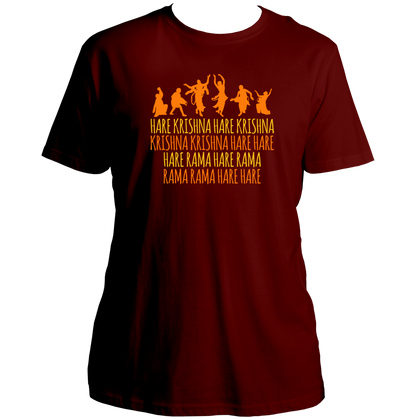 Maroon Hare Krishna Hare Rama T-shirt with dancing devotee kirtan print by Garrari