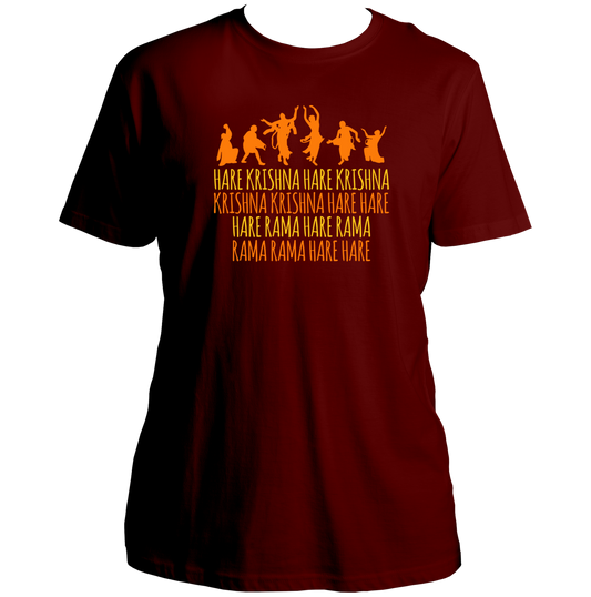Maroon Hare Krishna Hare Rama T-shirt with dancing devotee kirtan print by Garrari