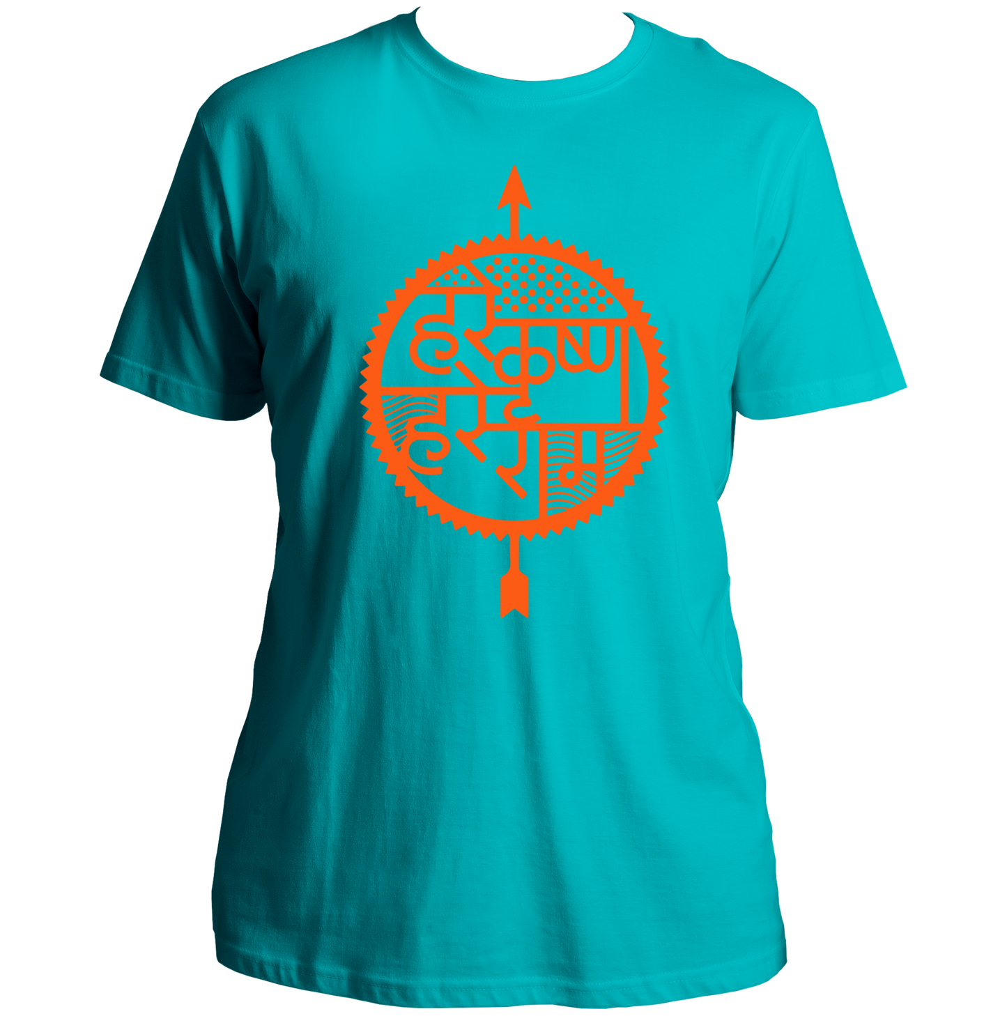 Aqua Blue Hare Krishna Hare Ram T-shirt with Krishna devotional typography by Garrari