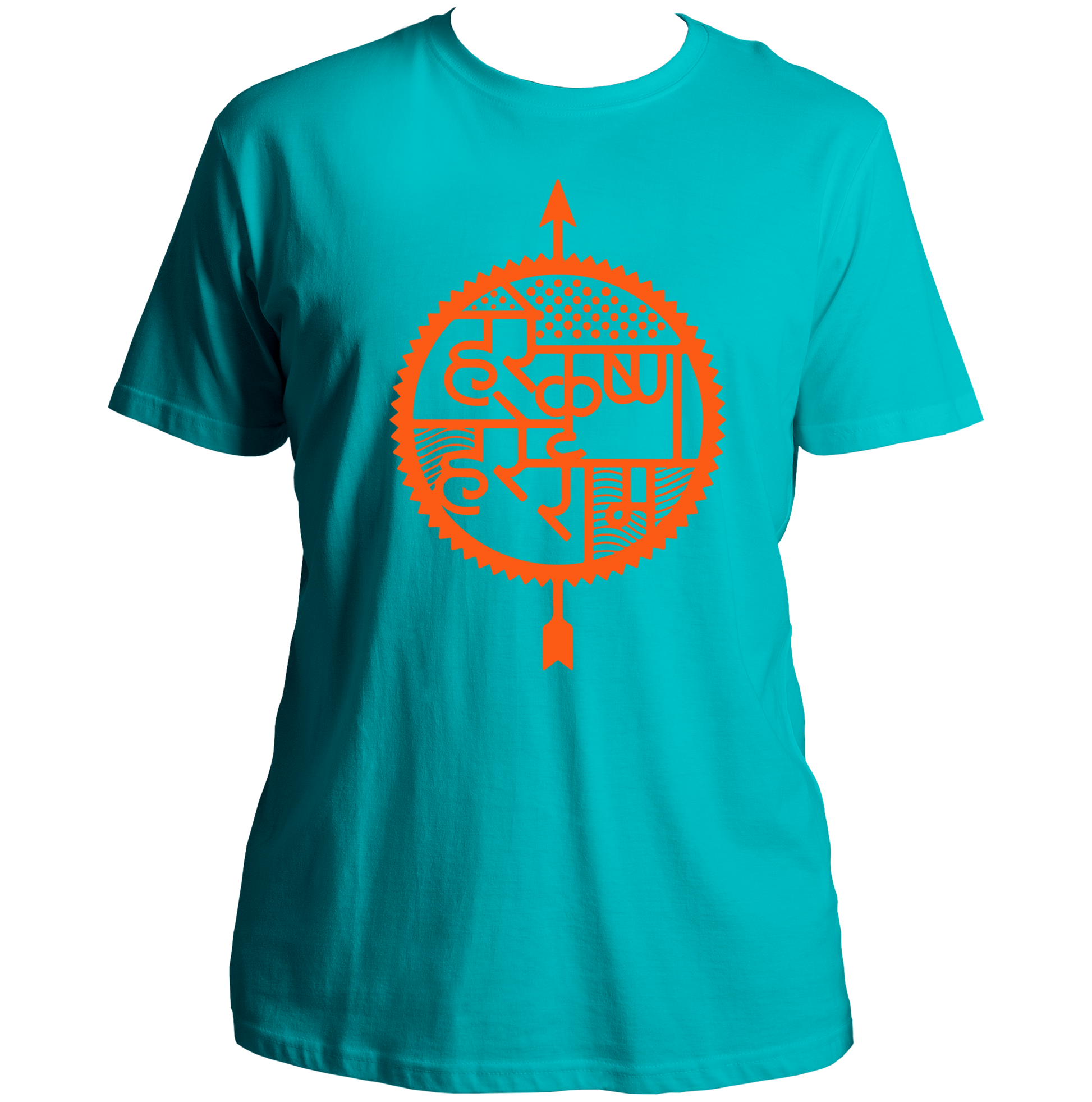 Aqua Blue Hare Krishna Hare Ram T-shirt with Krishna devotional typography by Garrari