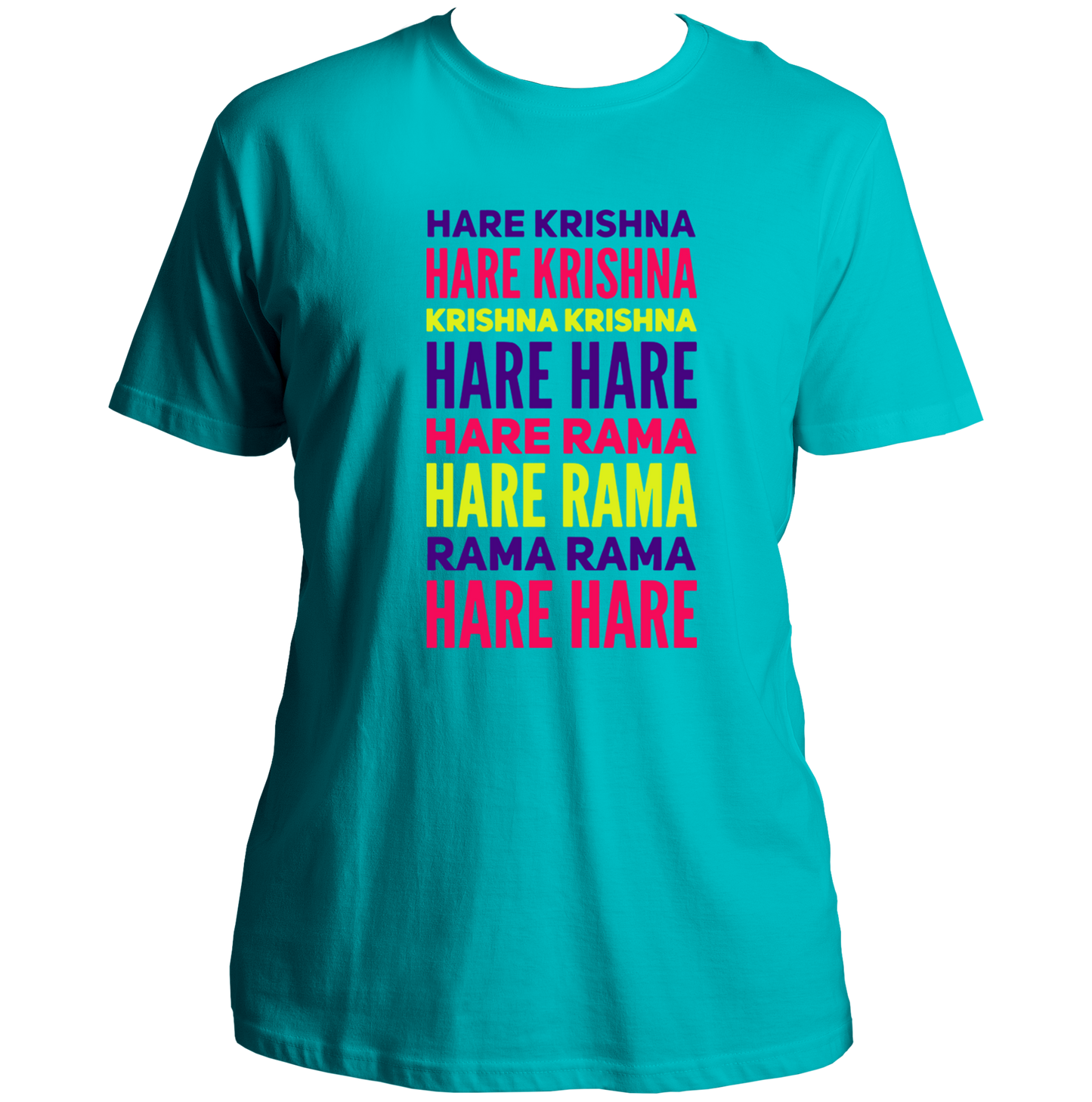 Aqua Blue Hare Krishna Hare Rama T-shirt with Krishna devotional typography by Garrari
