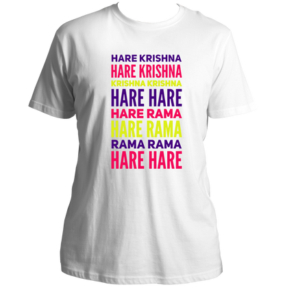 White Hare Krishna Hare Rama T-shirt with stacked devotional text print by Garrari