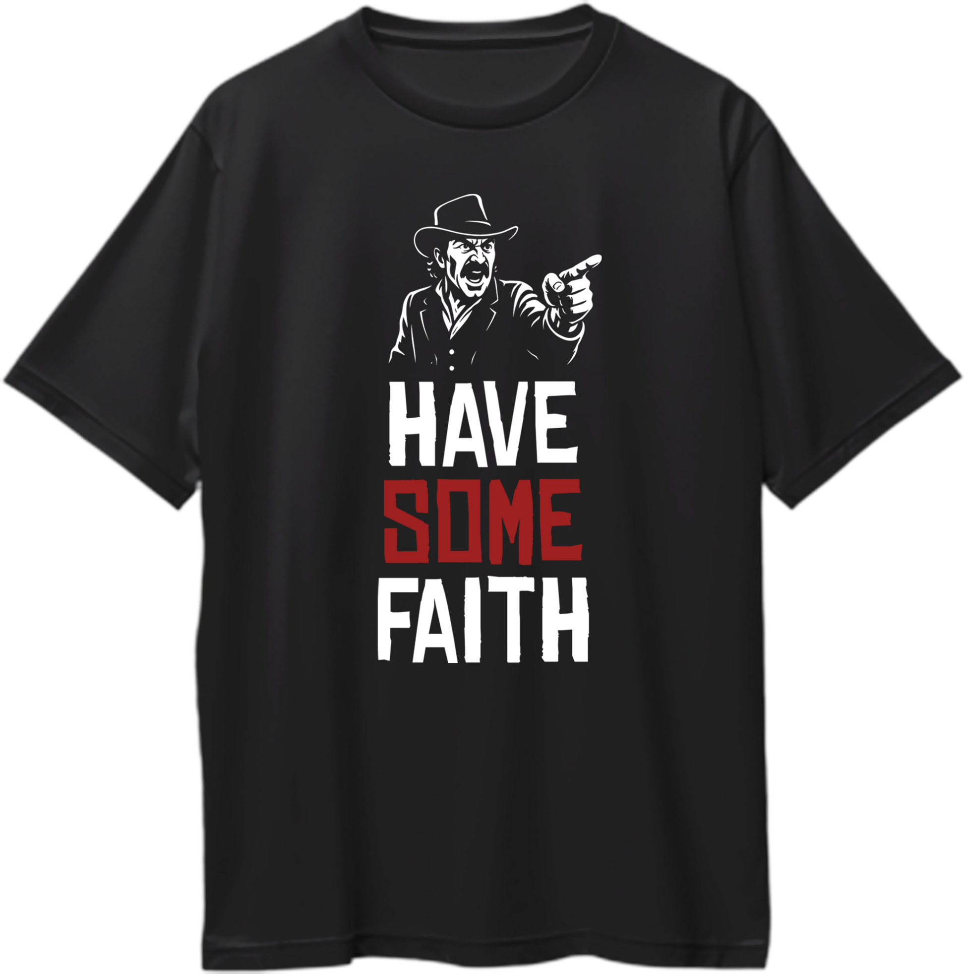 Black oversized t-shirt with Dutch van der Linde artwork and quote “Have Some Faith” – Garrari Red Dead Redemption 2 Collection.