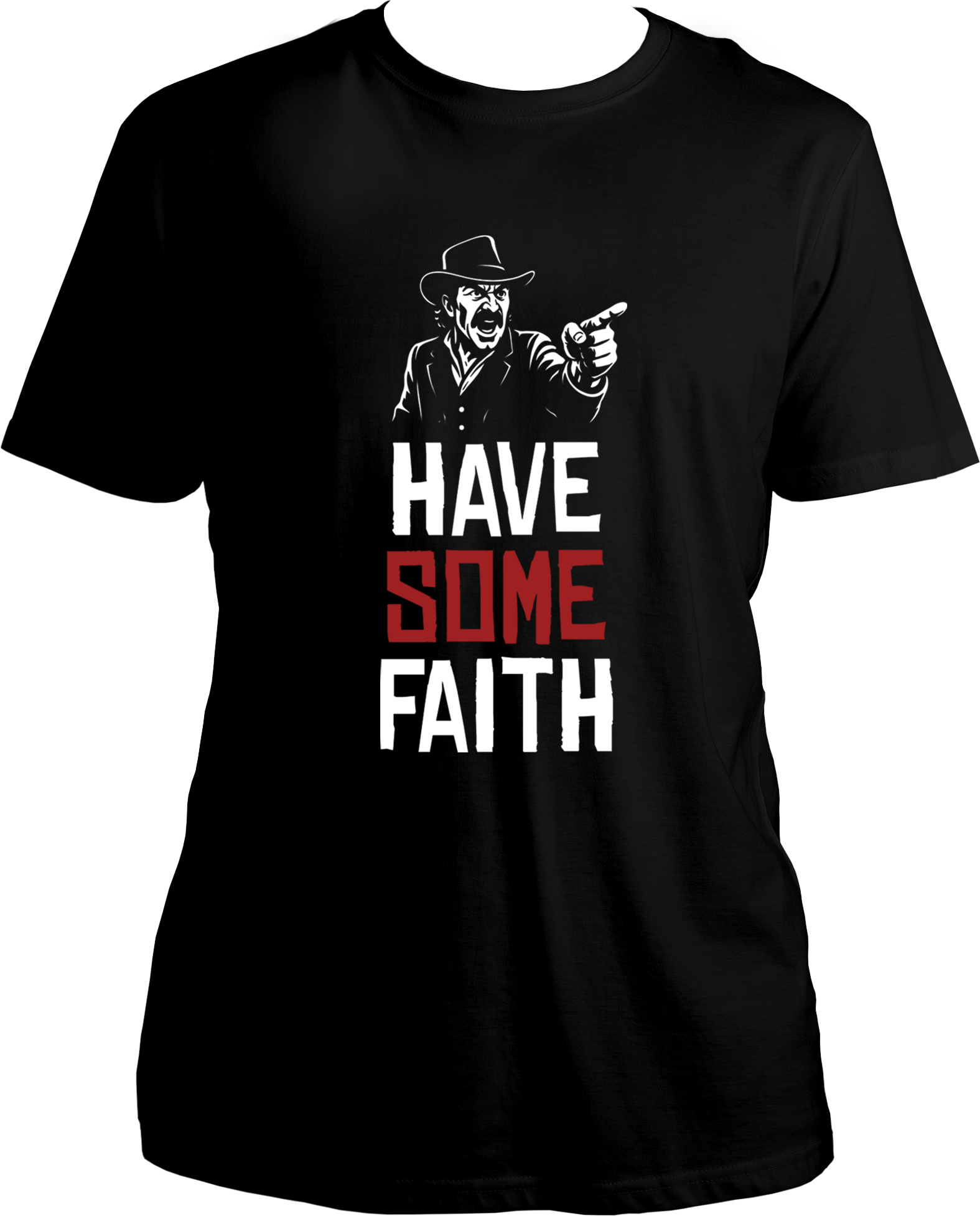 unisex t-shirt with Dutch van der Linde pointing and quote “Have Some Faith” – Garrari RDR2 Collection.