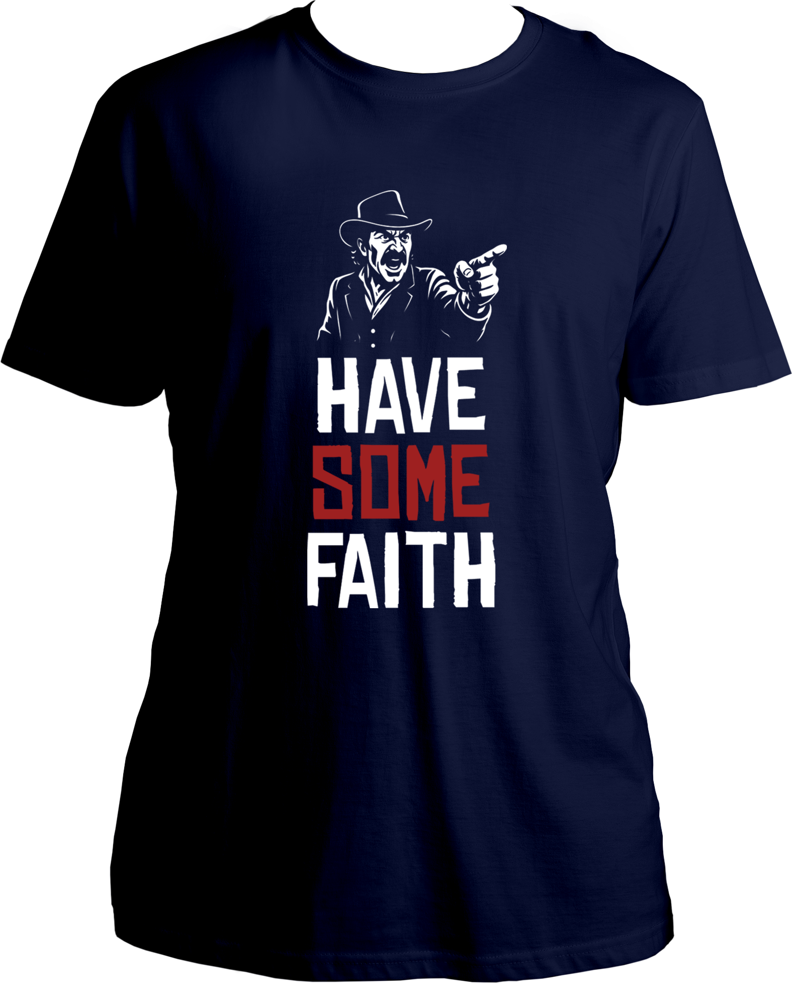 unisex t-shirt with Dutch van der Linde pointing and quote “Have Some Faith” – Garrari RDR2 Collection.