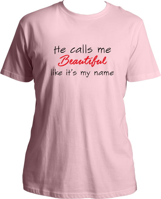 Adorn your special someone with a classic and timeless piece of garment from Garrari. He Calls Me Beautiful Unisex T-Shirts is exquisitely crafted from fine cotton and tailored for a snug fit. These special t-shirts for your wife or partner, with beautiful girl designs, are sure to make her feel truly adored. Get the perfect gift of love with Garrari's wide range of quote t-shirts.