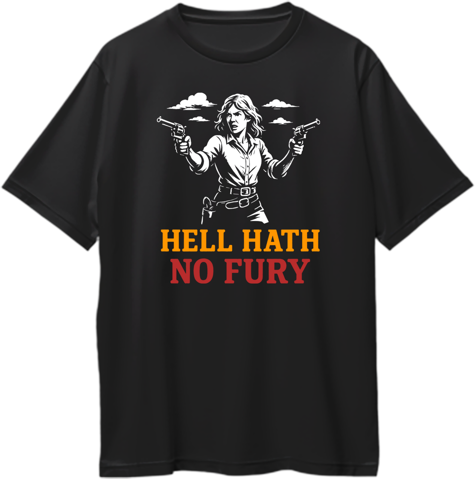 Black oversized t-shirt with Sadie Adler holding guns and quote “Hell Hath No Fury” – Garrari RDR2 Outlaw Collection.