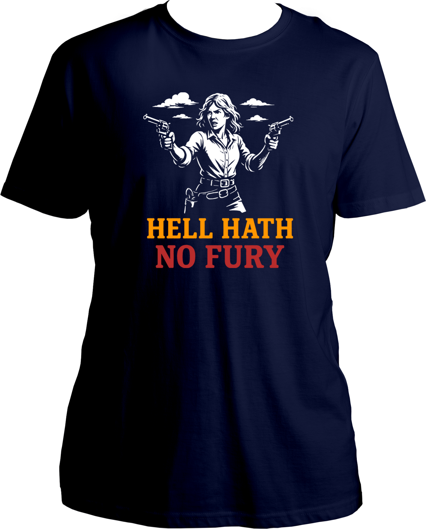 unisex t-shirt featuring Sadie Adler artwork and quote “Hell Hath No Fury” – Garrari Red Dead Redemption 2 Collection.