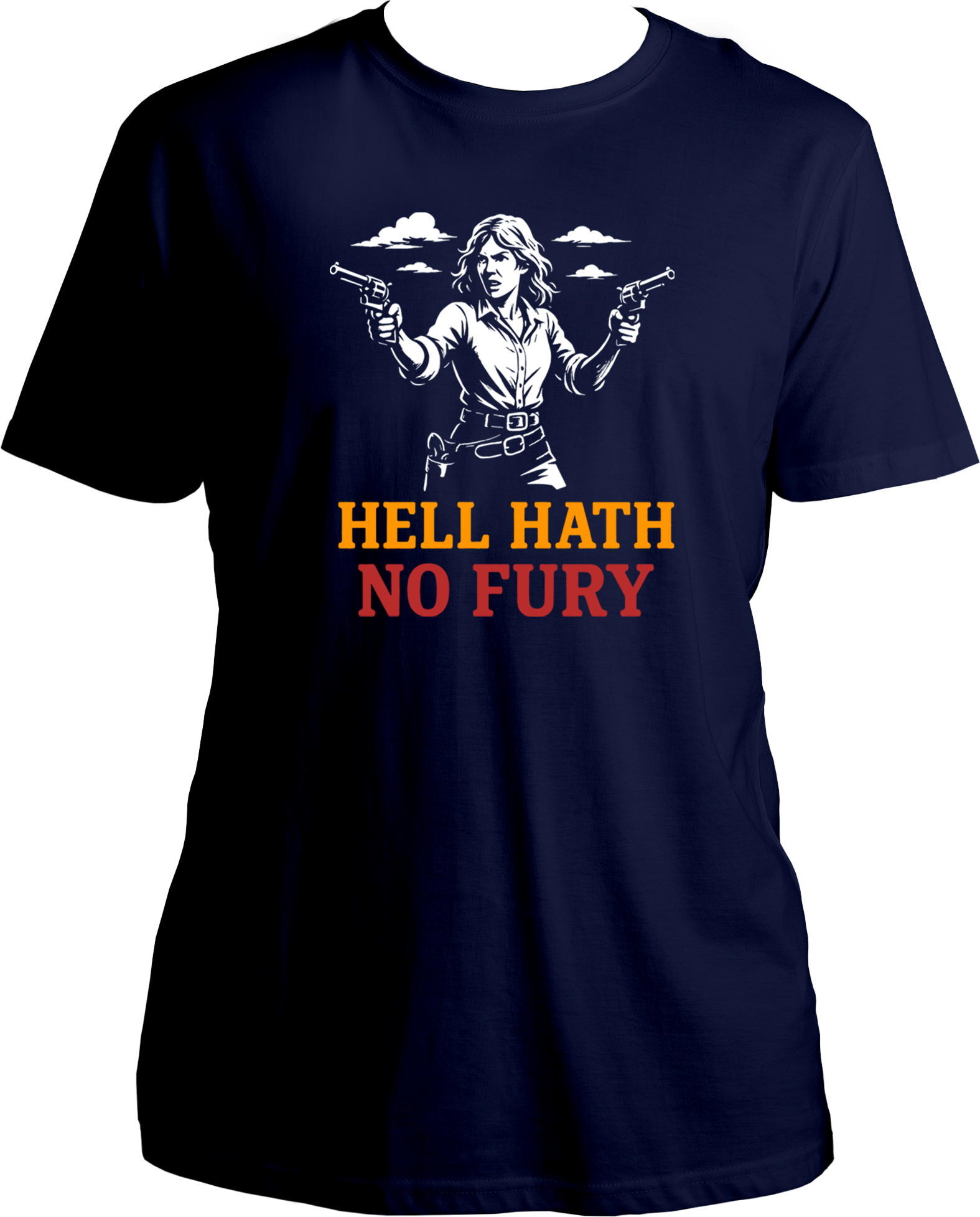 unisex t-shirt featuring Sadie Adler artwork and quote “Hell Hath No Fury” – Garrari Red Dead Redemption 2 Collection.