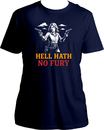 unisex t-shirt featuring Sadie Adler artwork and quote “Hell Hath No Fury” – Garrari Red Dead Redemption 2 Collection.