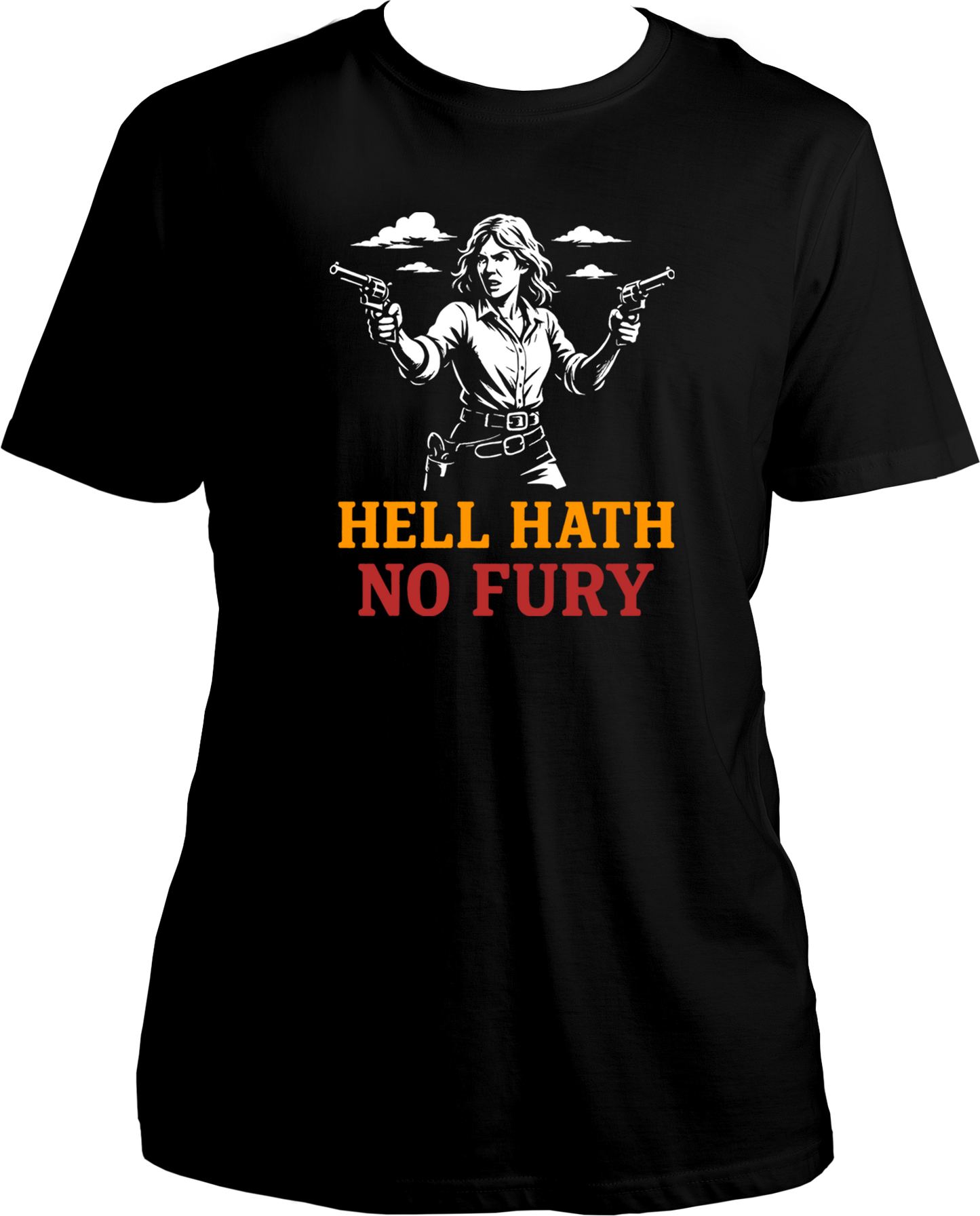 unisex t-shirt featuring Sadie Adler artwork and quote “Hell Hath No Fury” – Garrari Red Dead Redemption 2 Collection.