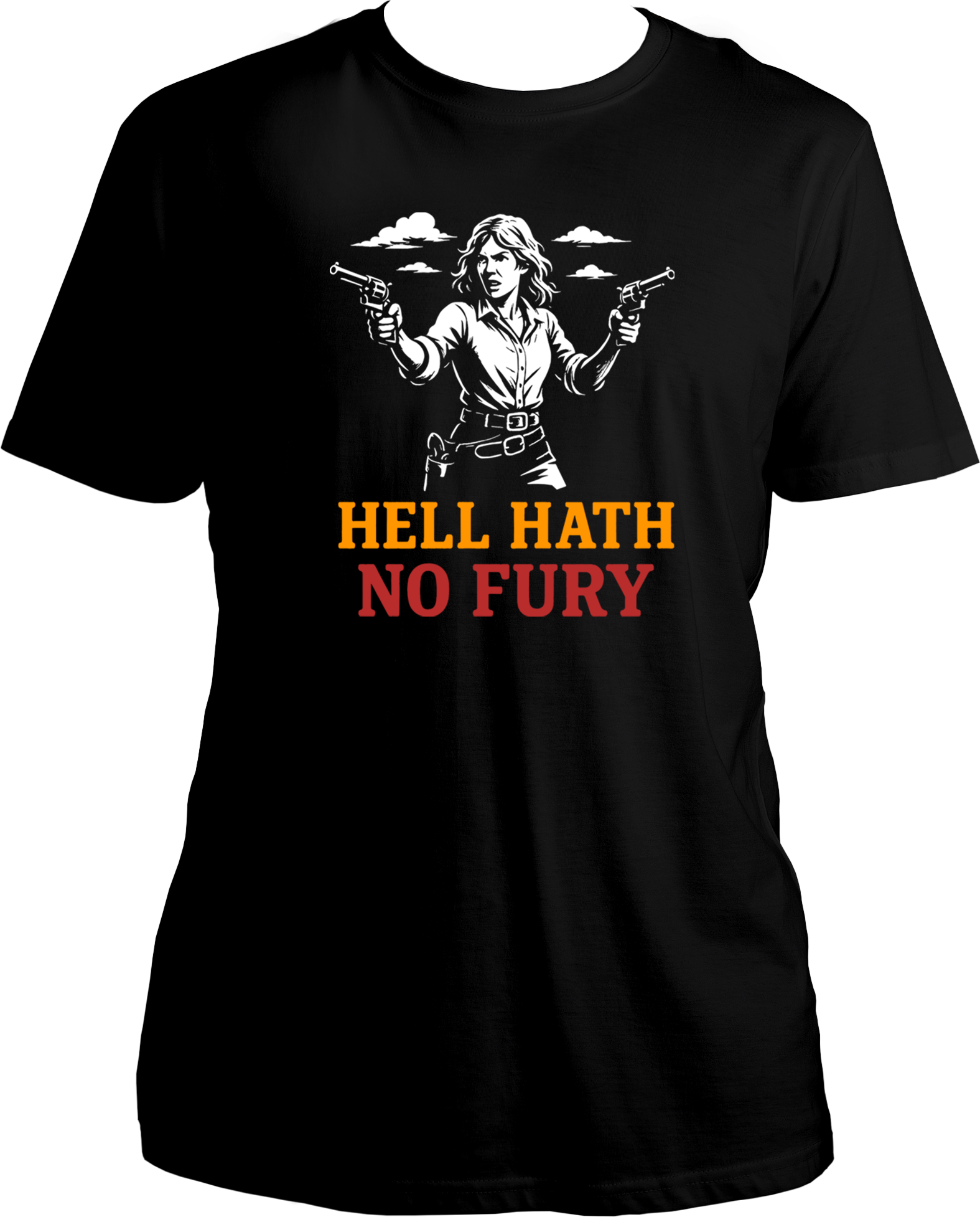 unisex t-shirt featuring Sadie Adler artwork and quote “Hell Hath No Fury” – Garrari Red Dead Redemption 2 Collection.