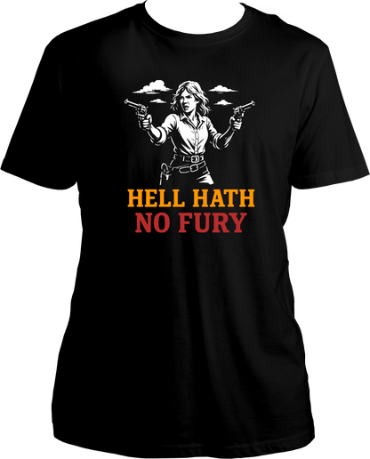 unisex t-shirt featuring Sadie Adler artwork and quote “Hell Hath No Fury” – Garrari Red Dead Redemption 2 Collection.