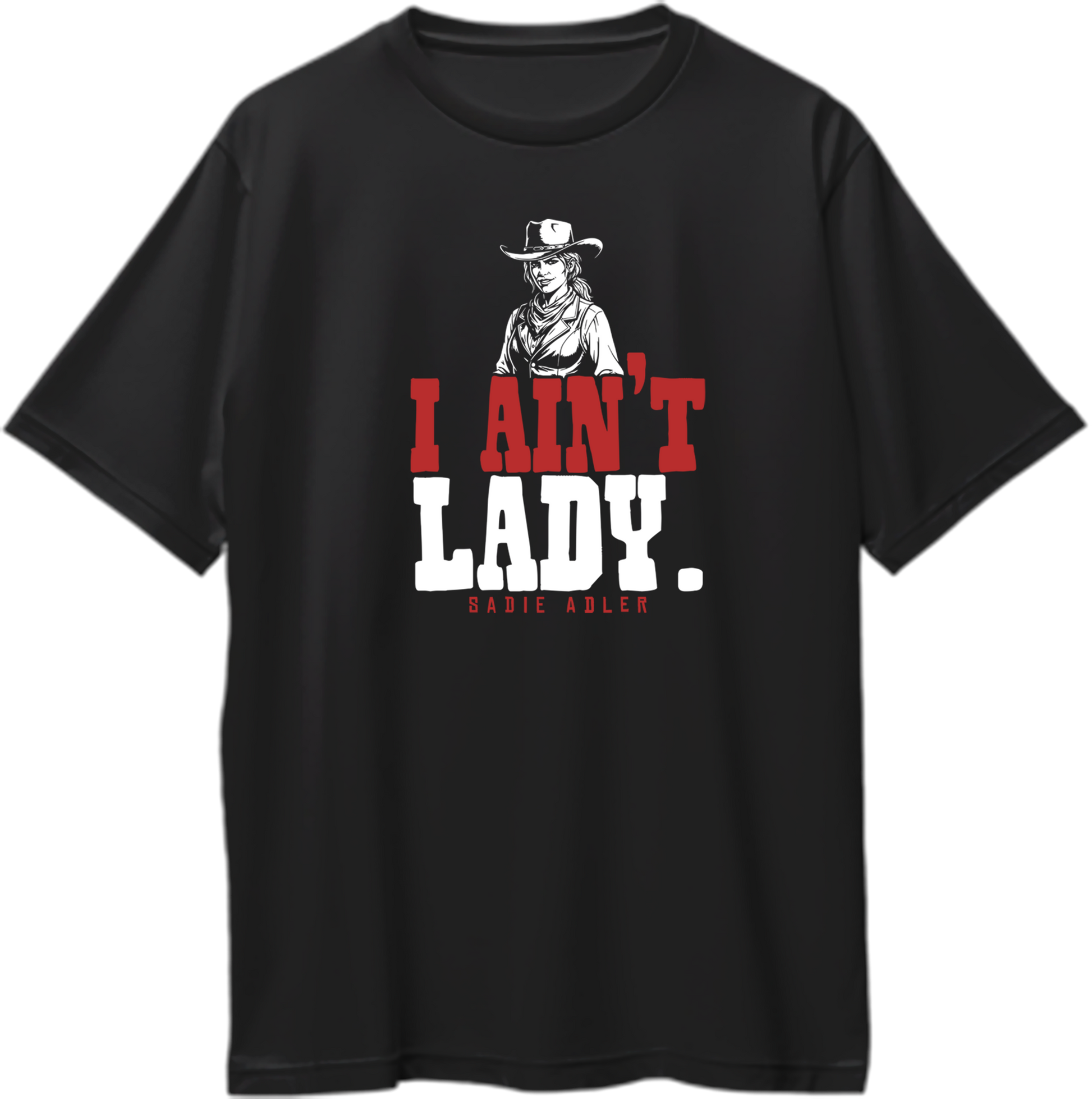 Black oversized t-shirt featuring Sadie Adler artwork and quote “I Ain’t Lady” – Garrari RDR2 Collection.