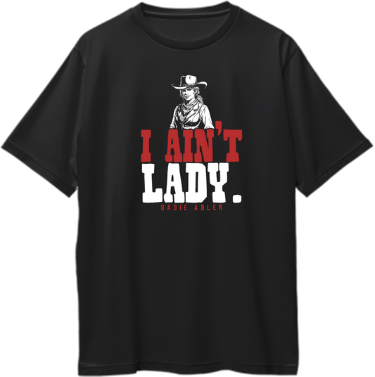 Black oversized t-shirt featuring Sadie Adler artwork and quote “I Ain’t Lady” – Garrari RDR2 Collection.