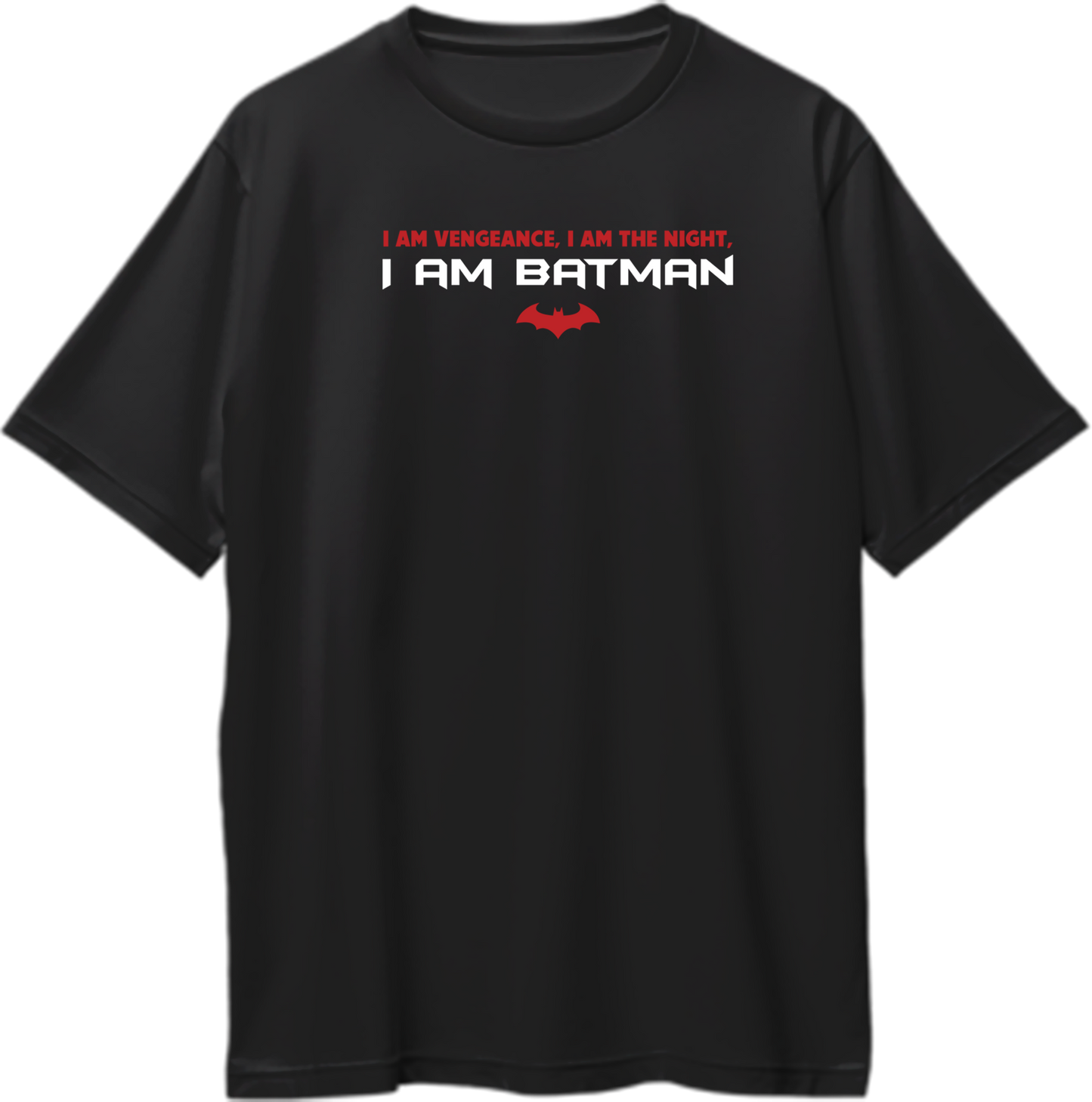 "Oversized unisex t-shirt with the quote 'I am Vengeance, I am Night' and a bat symbol below, symbolizing Gotham's protector."