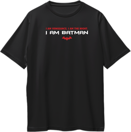 "Oversized unisex t-shirt with the quote 'I am Vengeance, I am Night' and a bat symbol below, symbolizing Gotham's protector."