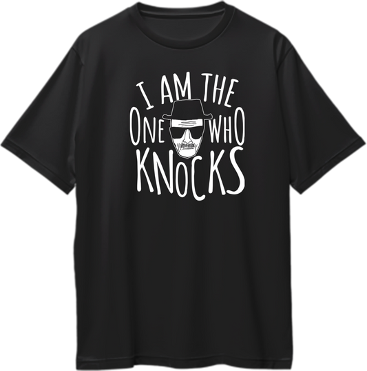  Am The One Who Knocks Oversized Unisex T-Shirt with bold 'I AM THE ONE WHO KNOCKS' text across the chest and Walter White design, inspired by Breaking Bad.