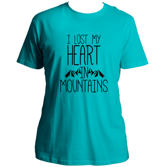 Aqua Blue I Lost My Heart In Mountains Unisex T-Shirt by Garrari with mountain travel quote