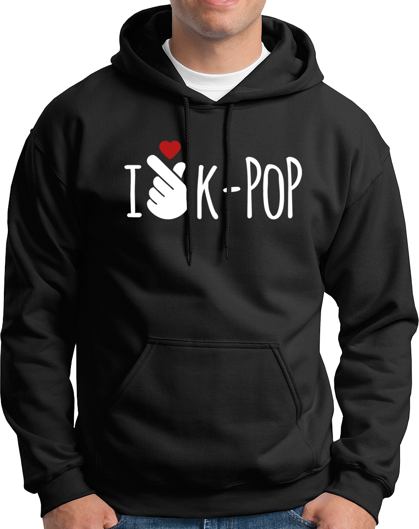 Black I Love K-POP Unisex Hoodie with K-pop fanwear print and red heart by Garrari