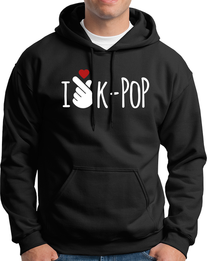 Black I Love K-POP Unisex Hoodie with K-pop fanwear print and red heart by Garrari