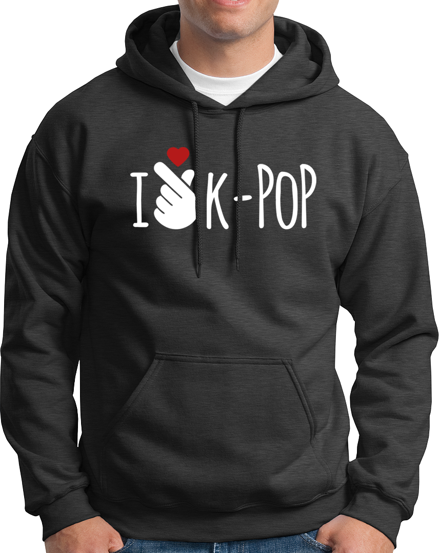 Dark Grey I Love K-POP Unisex Hoodie with Korean pop music fan graphic by Garrari