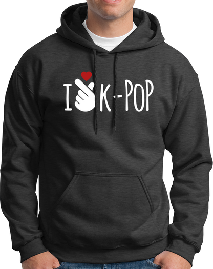 Dark Grey I Love K-POP Unisex Hoodie with Korean pop music fan graphic by Garrari
