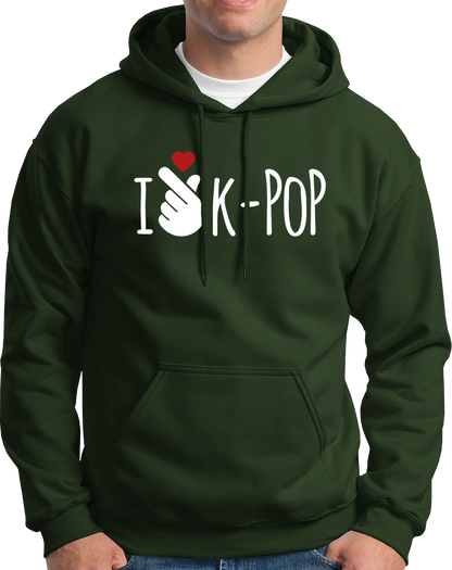 Olive Green I Love K-POP Unisex Hoodie with white typography and finger-heart graphic by Garrari