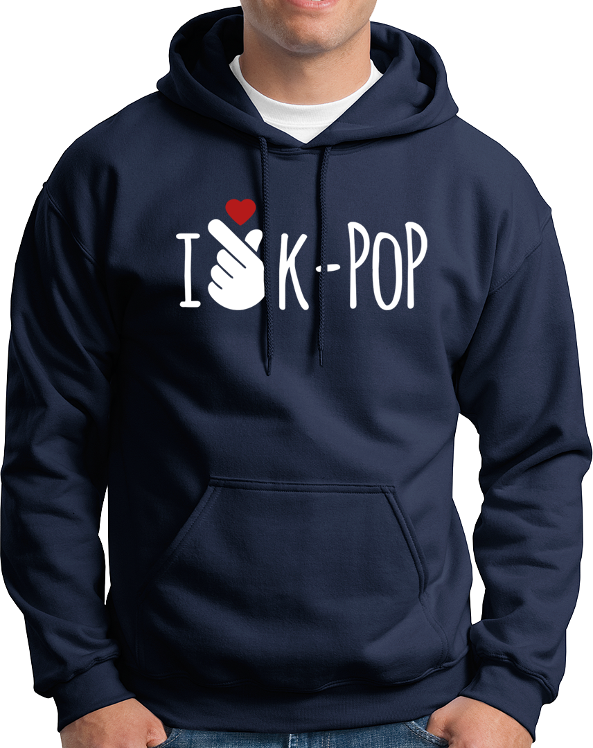 Navy Blue I Love K-POP Unisex Hoodie with finger-heart K-pop print by Garrari