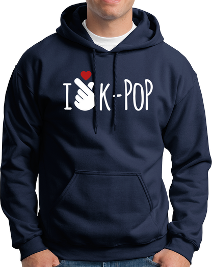 Navy Blue I Love K-POP Unisex Hoodie with finger-heart K-pop print by Garrari