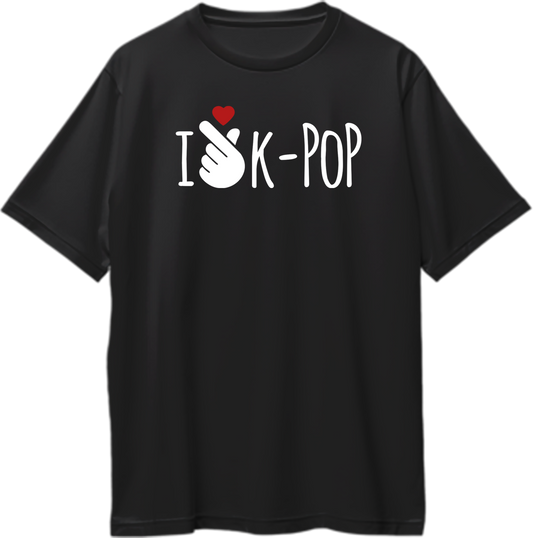 Black I Love K-POP Oversized T-Shirt with white typography, finger-heart graphic, and red heart by Garrari