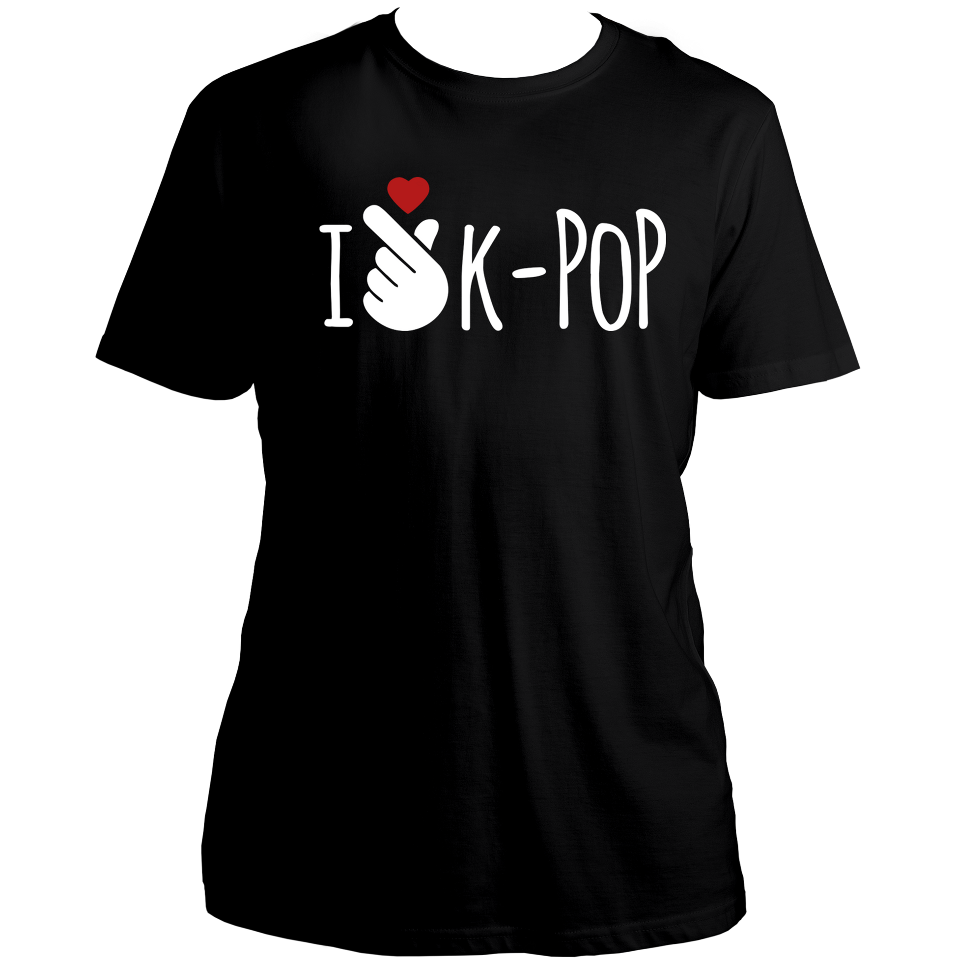 Black I Love K-POP Unisex T-Shirt with white typography and finger-heart graphic by Garrari
