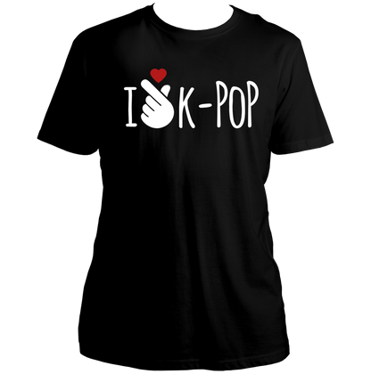 Black I Love K-POP Unisex T-Shirt with white typography and finger-heart graphic by Garrari