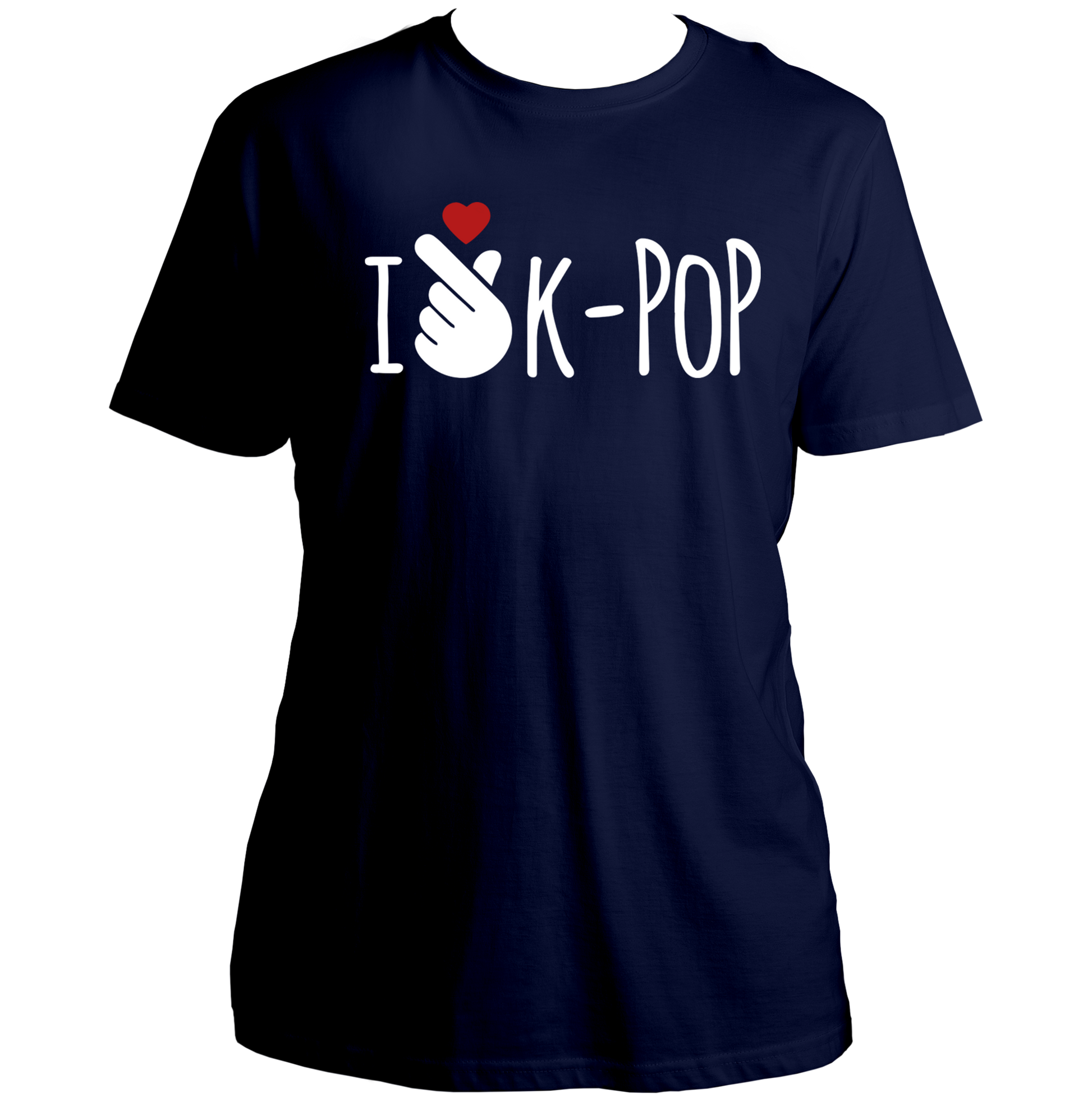 Navy Blue I Love K-POP Unisex T-Shirt with K-pop fanwear print and red heart by Garrari