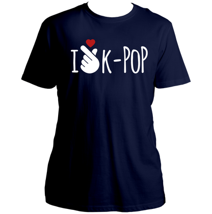Navy Blue I Love K-POP Unisex T-Shirt with K-pop fanwear print and red heart by Garrari