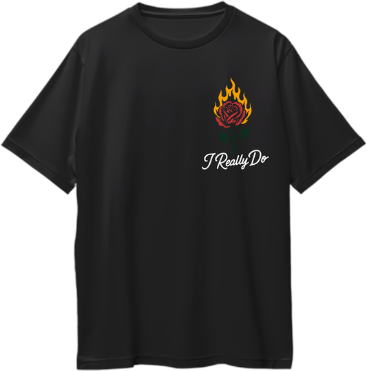 Black oversized unisex T-shirt featuring a minimal flame-rose design and the text I Really Do inspired by Karan Aujla.”