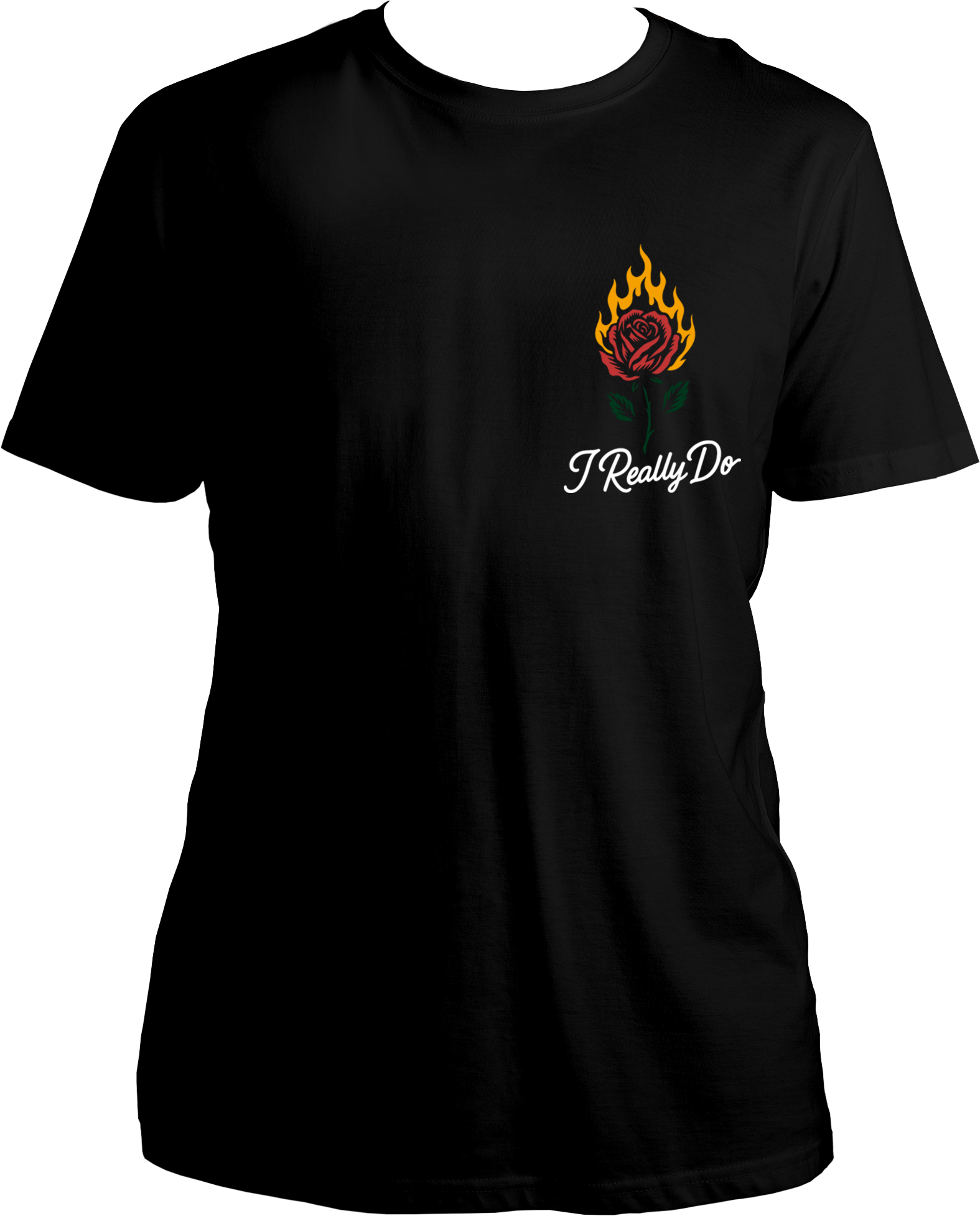 Black regular-fit T-shirt with minimal flame-rose and ‘I Really Do’ text inspired by Karan Aujla.