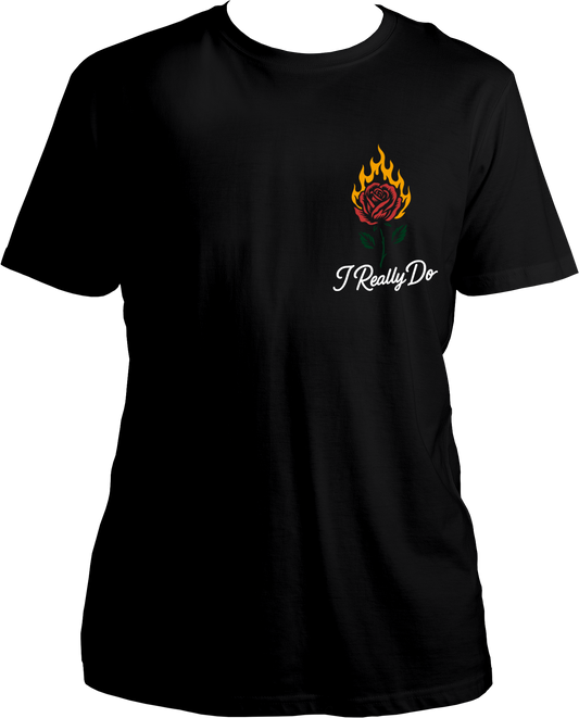 Black regular-fit T-shirt with minimal flame-rose and ‘I Really Do’ text inspired by Karan Aujla.