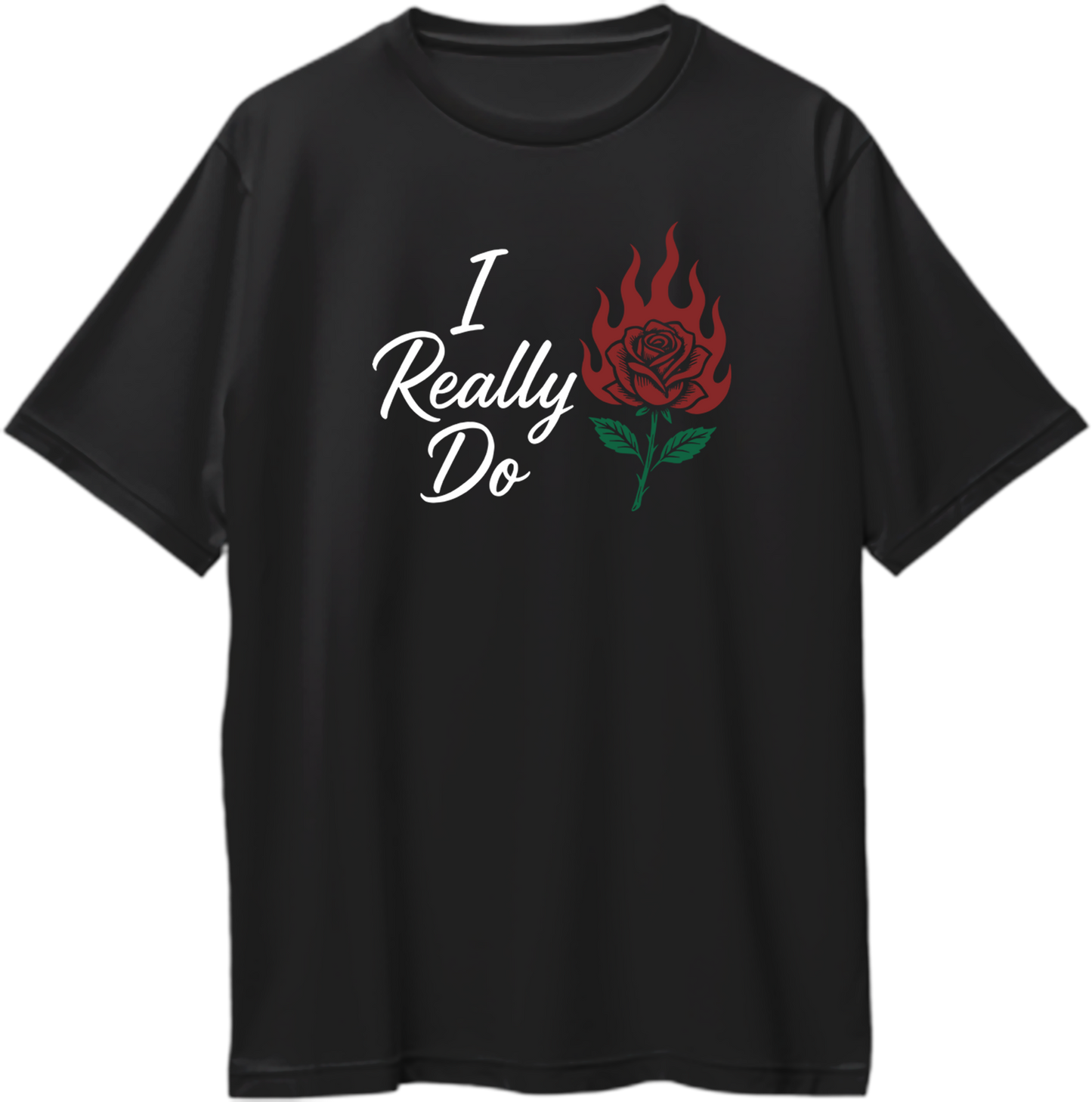 Black oversized T-shirt with ‘I Really Do’ text and burning red rose graphic inspired by Karan Aujla.