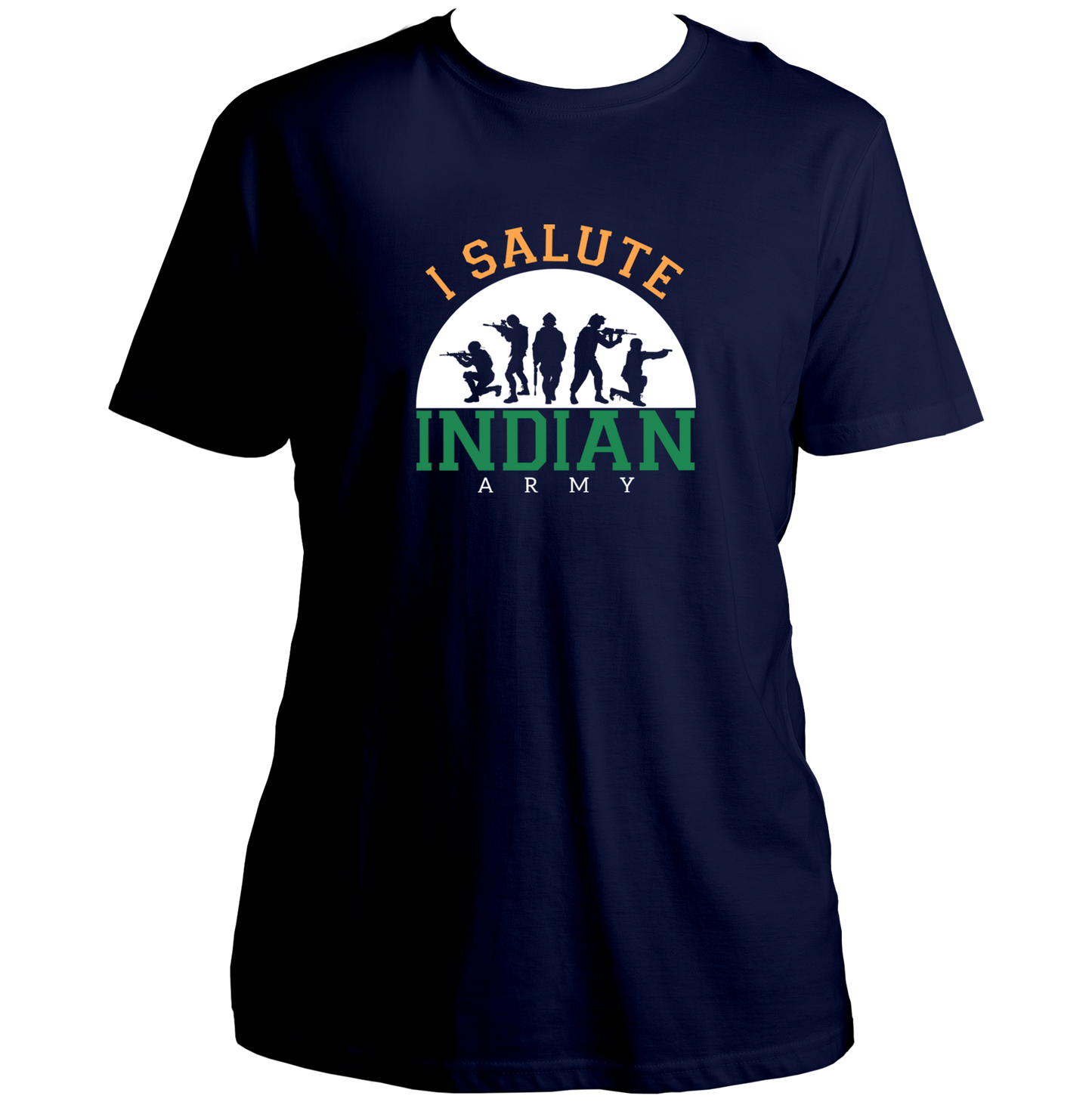 Navy Blue I Salute Indian Army Unisex T-Shirt with Indian Army salute graphic and national pride design by Garrari