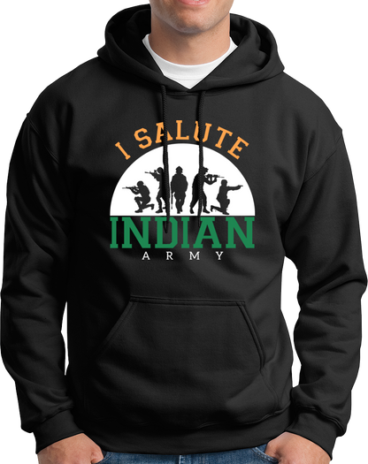 Black I Salute Indian Army Unisex Hoodie with patriotic soldier silhouette print by Garrari