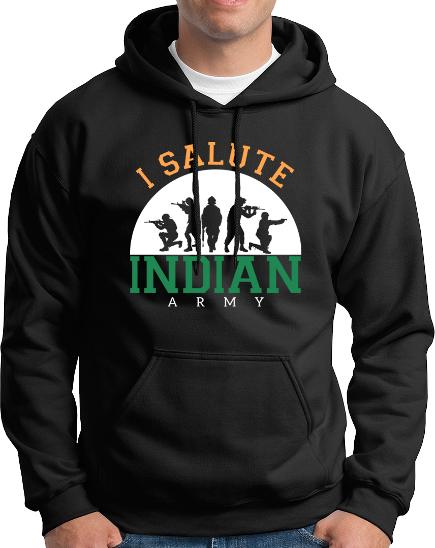 Show your patriotic spirit with our I Salute Indian Army Unisex Hoodie! Stay warm and cozy while paying tribute to our soldiers on national days like Republic Day and Independence Day. With high-quality materials and a strong message, this hoodie is the perfect addition to your patriotic clothing collection. #bhartiyasena #indianarmyhood #senakekapdhe