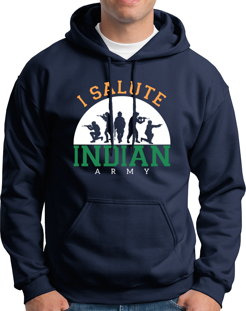 Navy Blue I Salute Indian Army Unisex Hoodie with national pride soldier design by Garrari