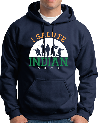 Navy Blue I Salute Indian Army Unisex Hoodie with national pride soldier design by Garrari