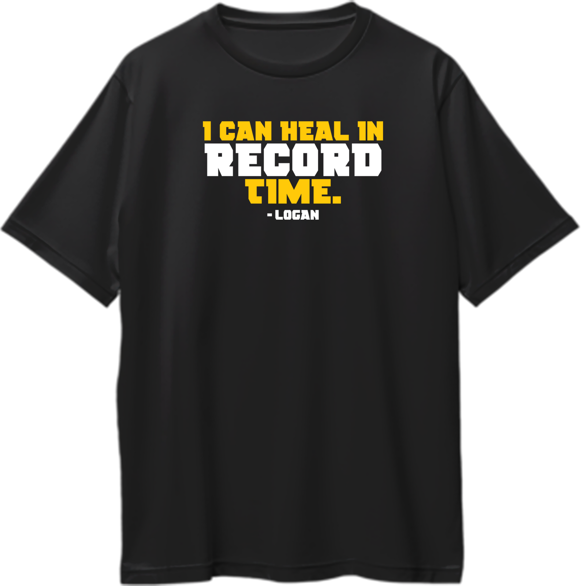 "Oversized unisex t-shirt featuring Wolverine's iconic quote 'I Can Heal in Record Time,' perfect for fans of the legendary mutant."