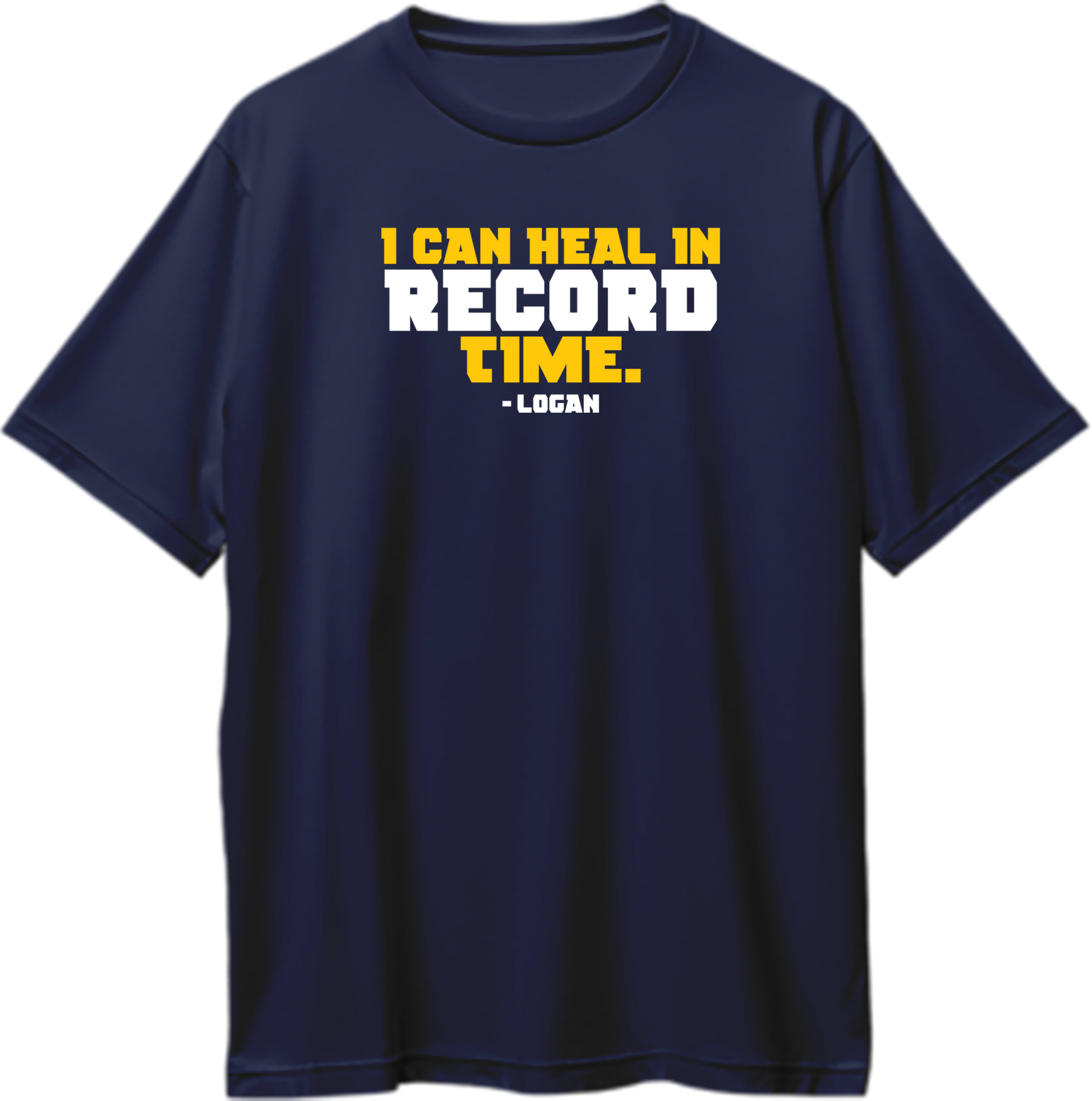 "Oversized unisex t-shirt featuring Wolverine's iconic quote 'I Can Heal in Record Time,' perfect for fans of the legendary mutant."