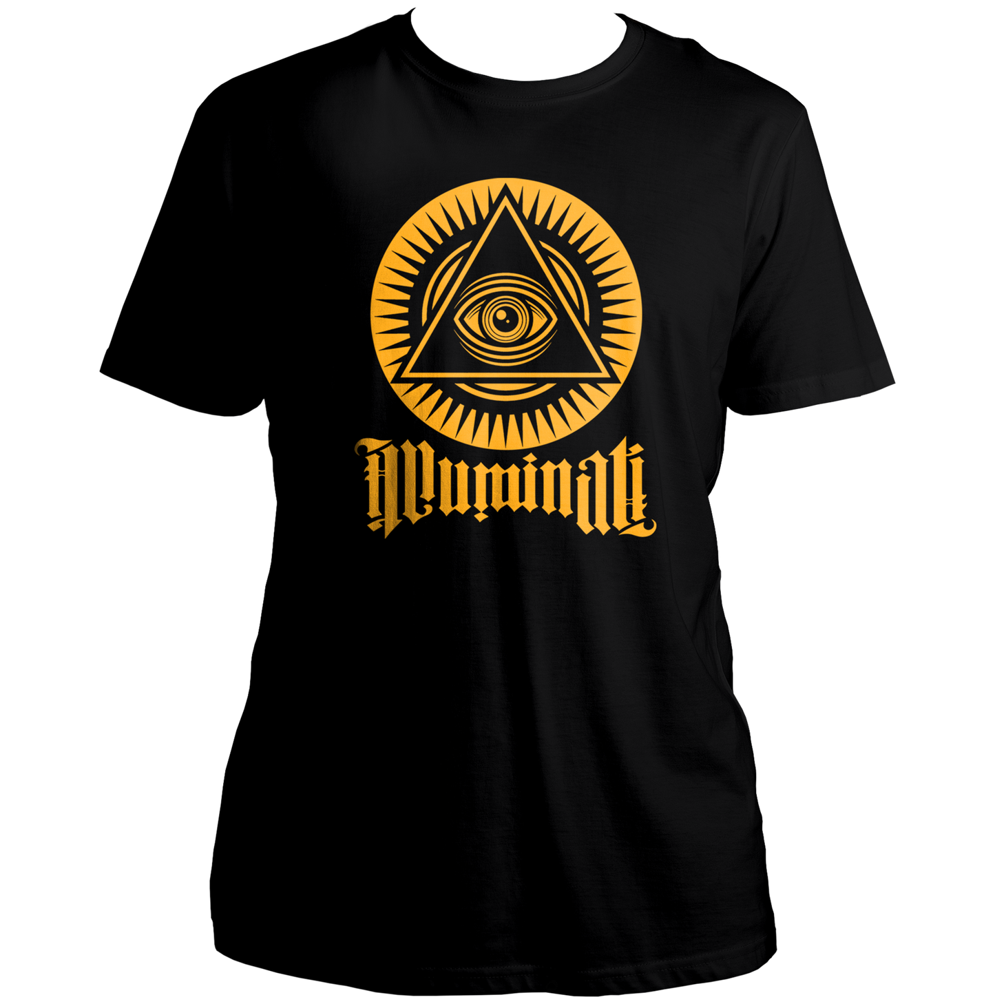 Black Illuminati Unisex T-Shirt with golden eye triangle graphic by Garrari