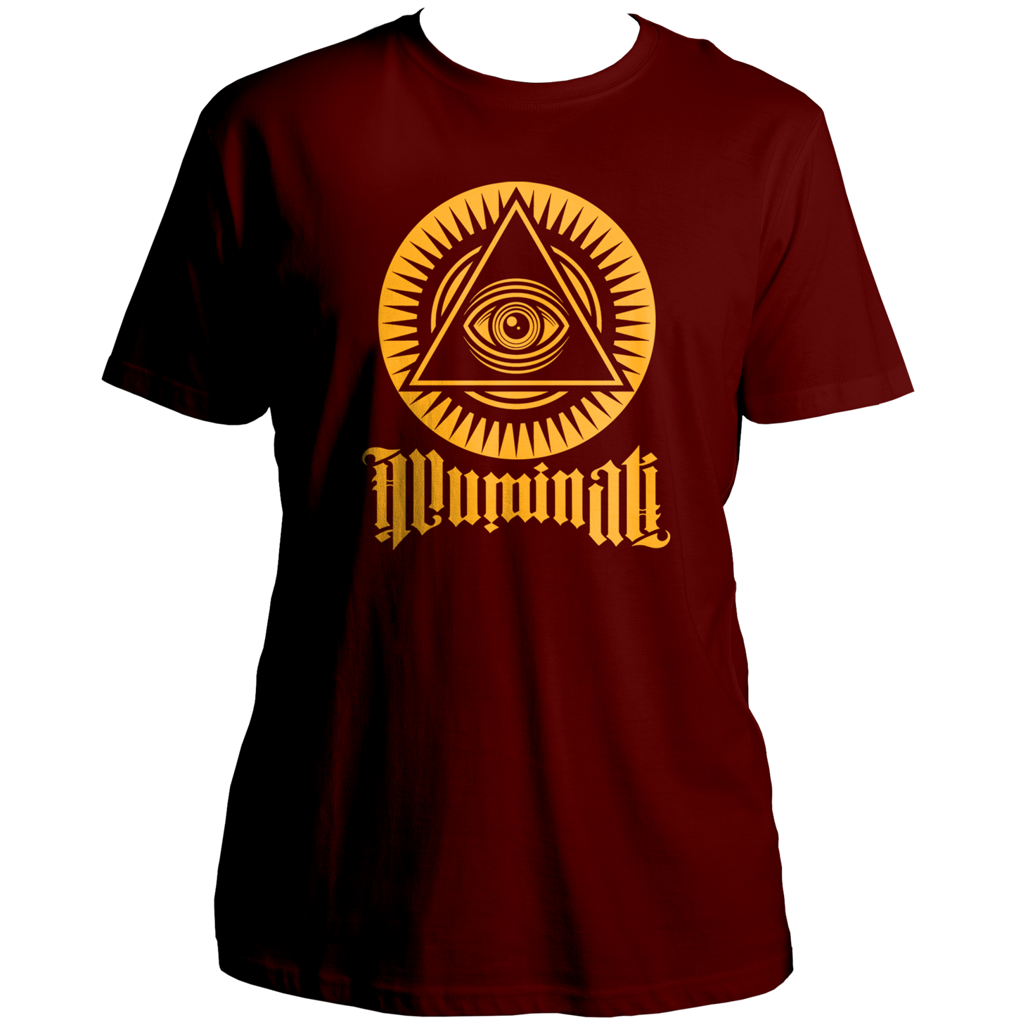 Maroon Illuminati Unisex T-Shirt with mystery symbol artwork and gothic typography by Garrari