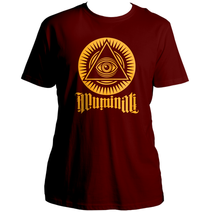 Maroon Illuminati Unisex T-Shirt with mystery symbol artwork and gothic typography by Garrari