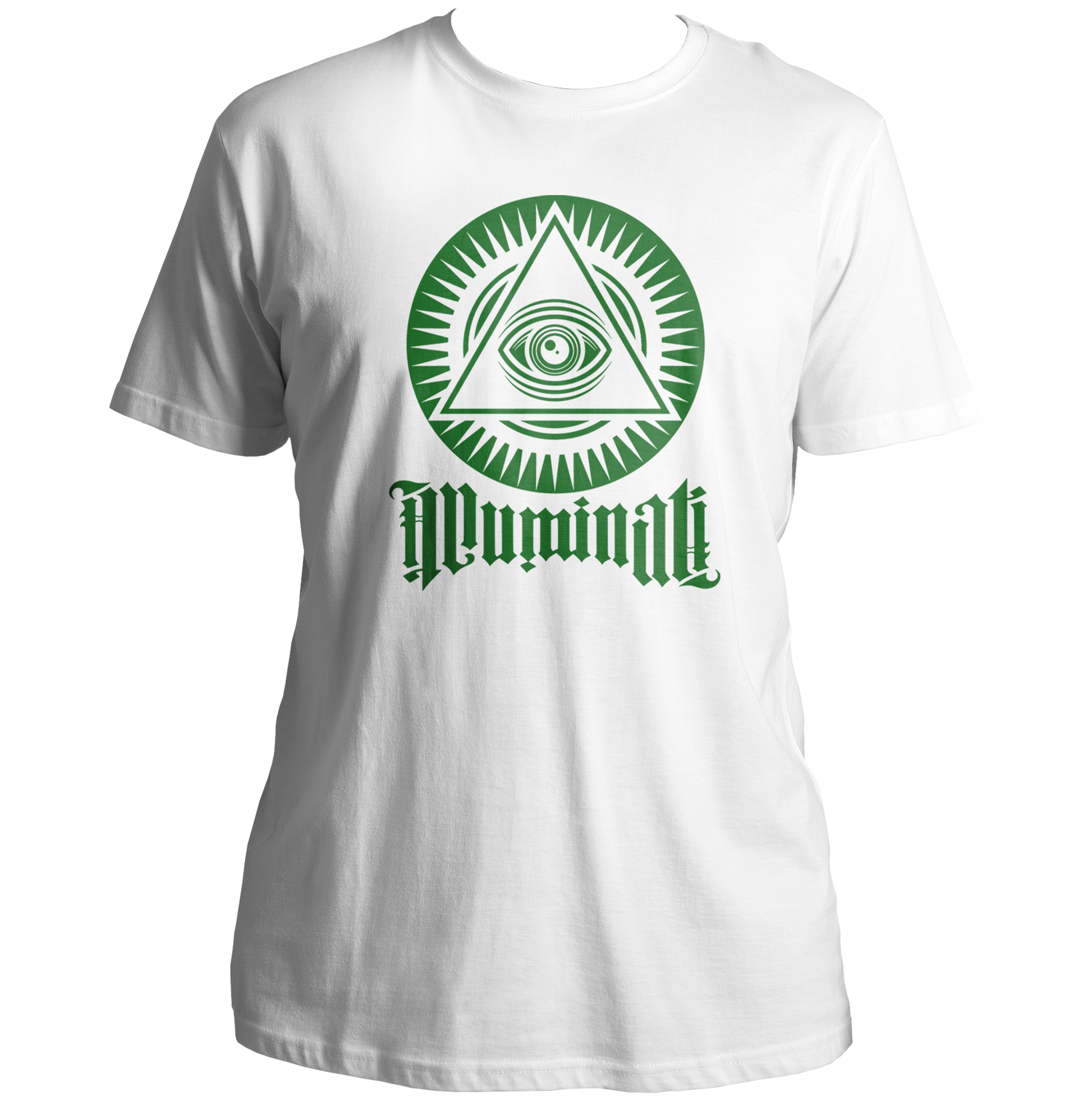 White Illuminati Unisex T-Shirt with golden eye triangle artwork and Illuminati typography by Garrari